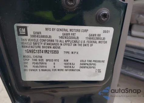 2001 Chevrolet Tahoe Ls z USA, uszkodzony, nr VIN 1GNEC13T41R215359